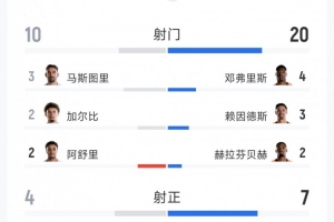 荷兰对突尼斯比赛全场数据：射门20次对10次，射正7次对4次，得分机会2次对3次
