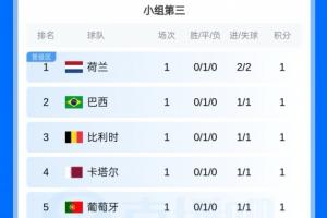 前八强揭晓！小组第三位依次为：荷兰、巴西、比利时、葡萄牙、西班牙